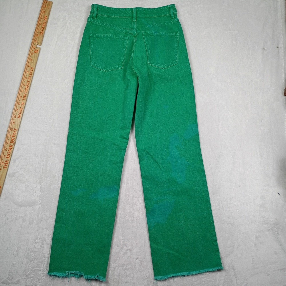 Zara Green High Waisted Wide Leg Jeans Raw Hem Size 4 MEX 26 Kelly Green Denim - Picture 3 of 6